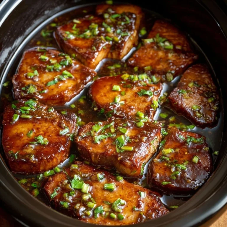 Slow cooker honey garlic pork chops served on a plate.