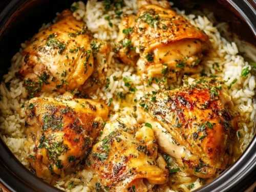 Delicious slow cooker lemon herb chicken served with fresh herbs and lemon slices.