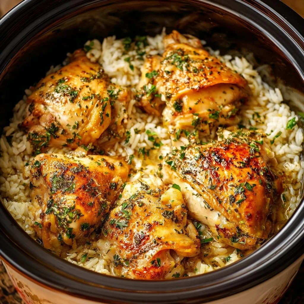 Delicious slow cooker lemon herb chicken served with fresh herbs and lemon slices.