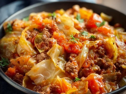 Slow cooker unstuffed cabbage rolls in a bowl ready to serve
