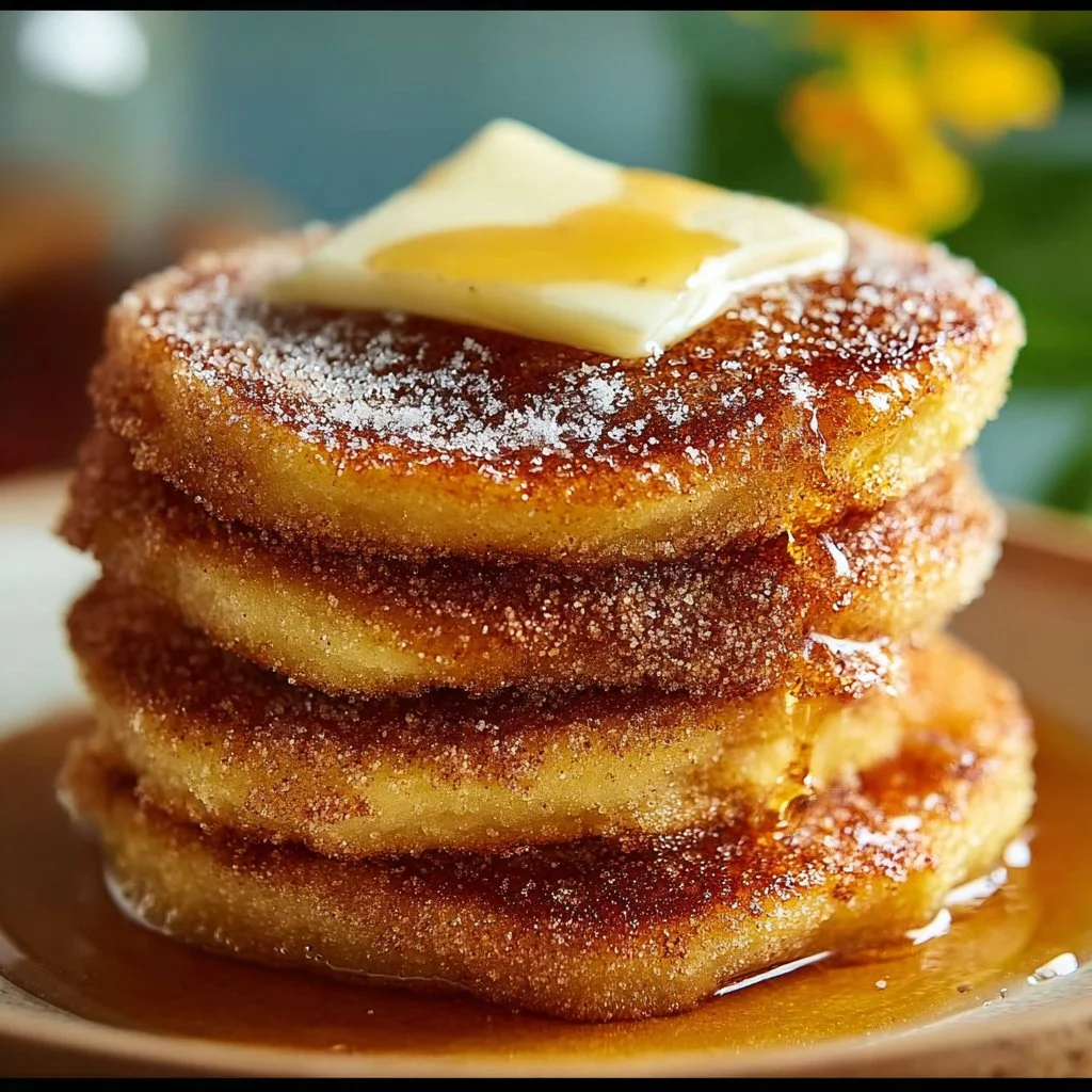 Delicious Spanish churro-inspired pancakes served with cinnamon and sugar