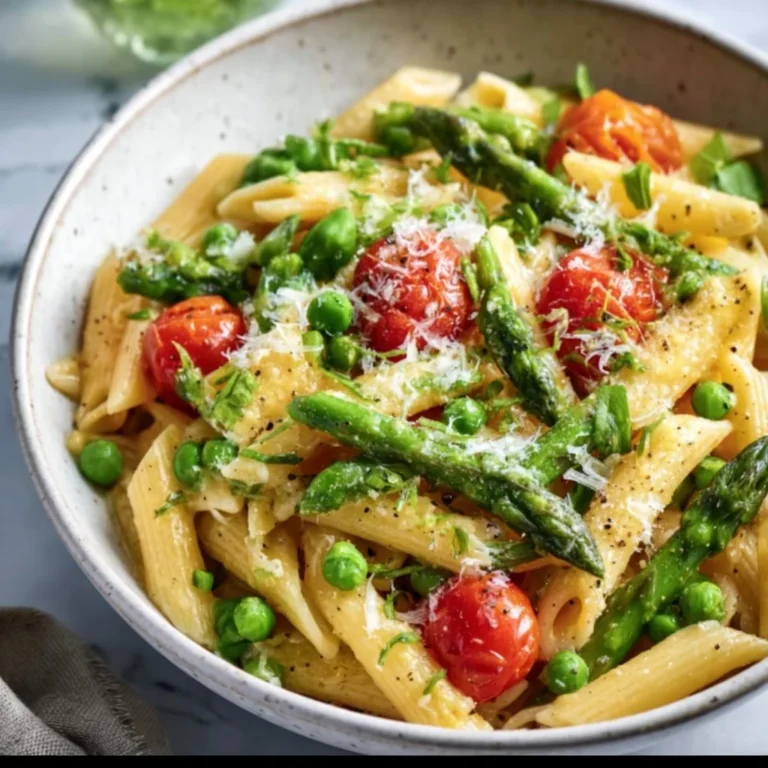 A bowl of spring vegetable pasta with colorful fresh vegetables