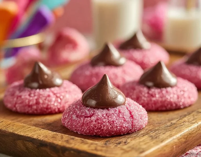 Delicious Strawberry Kiss Cookies topped with chocolate kisses