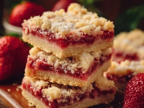 A delicious plate of strawberry shortcake bars topped with fresh strawberries and cream
