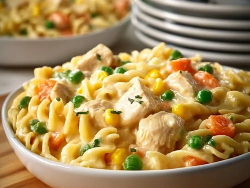Bowl of Super Easy Chicken Pot Pie Pasta, a quick fall dinner recipe