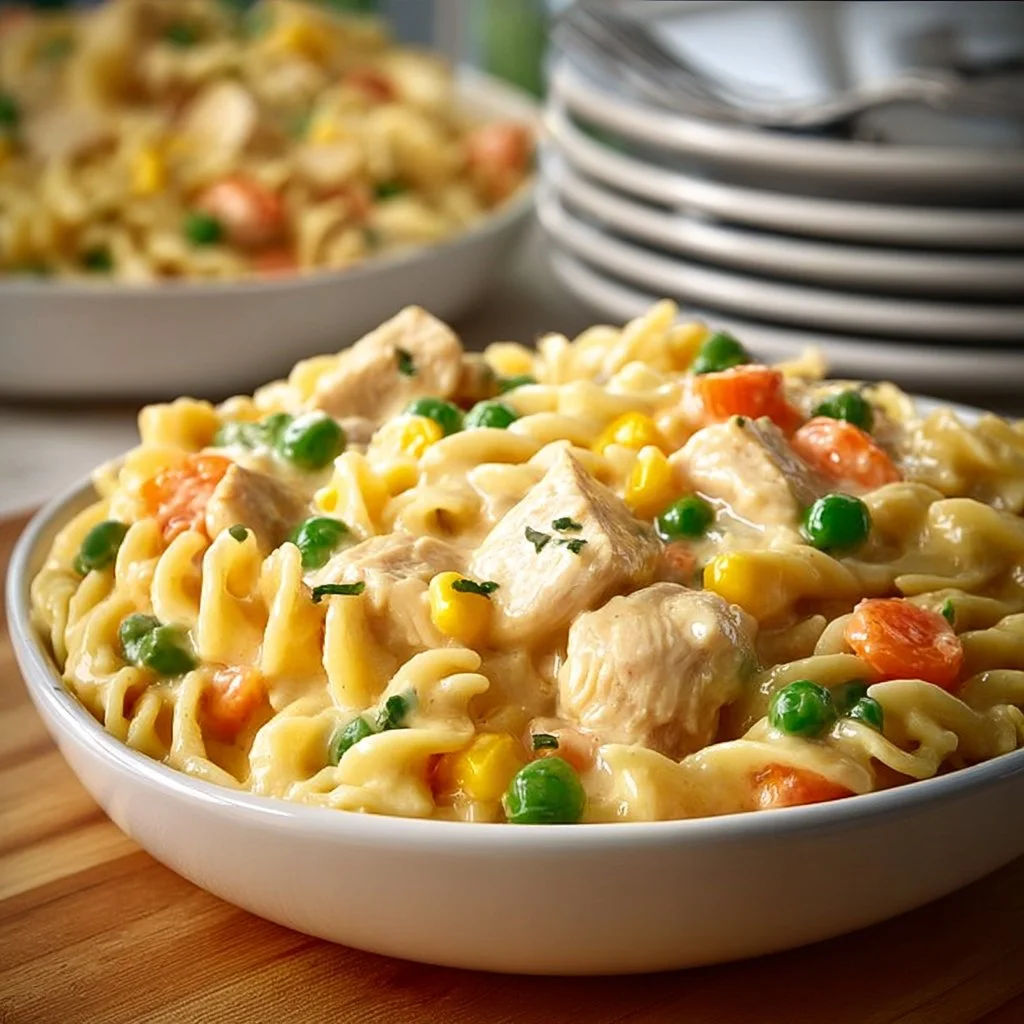 Bowl of Super Easy Chicken Pot Pie Pasta, a quick fall dinner recipe