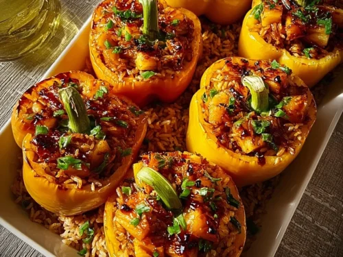 Teriyaki Pineapple Chicken and Rice Stuffed Peppers ready to serve.