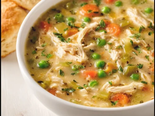 Delicious Chicken Pot Pie Soup served in a bowl with fresh herbs.
