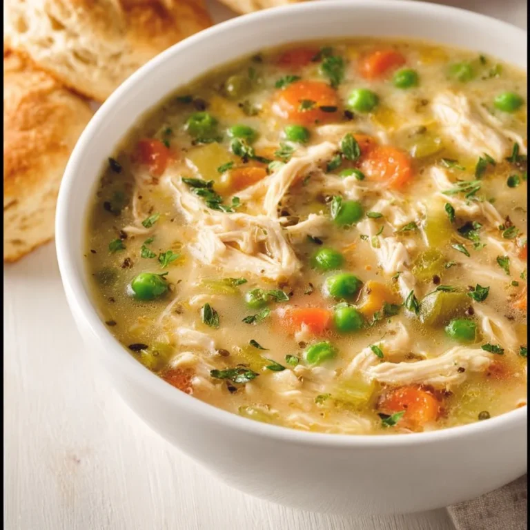 Delicious Chicken Pot Pie Soup served in a bowl with fresh herbs.