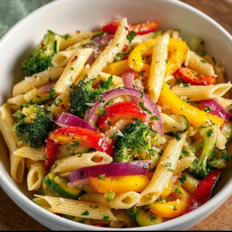 Colorful vegetarian Pasta Primavera with fresh vegetables and herbs