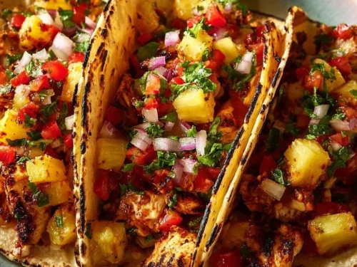 Delicious pineapple chicken quesadillas served on a plate with fresh ingredients