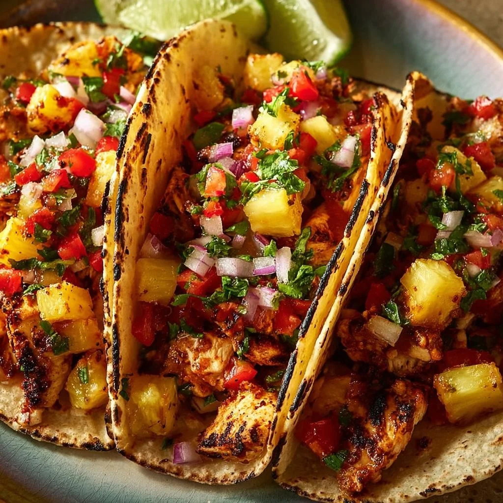 Delicious pineapple chicken quesadillas served on a plate with fresh ingredients