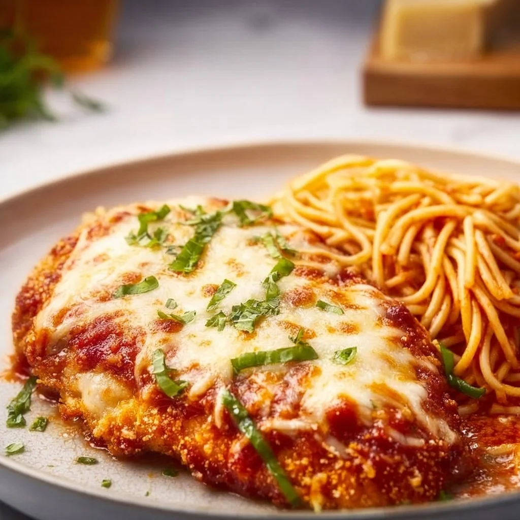 Baked Chicken Parmesan on a plate with cheese and herbs garnish
