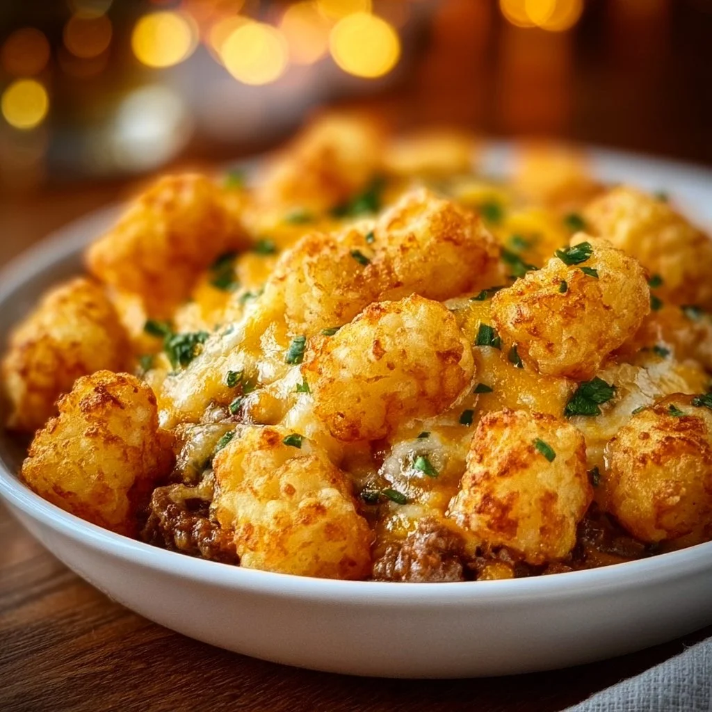Easy tater tot casserole with ground beef and green beans in a baking dish