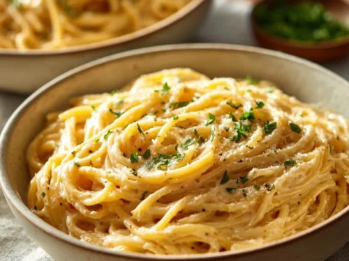 Delicious garlic parmesan spaghetti with creamy sauce served in a bowl