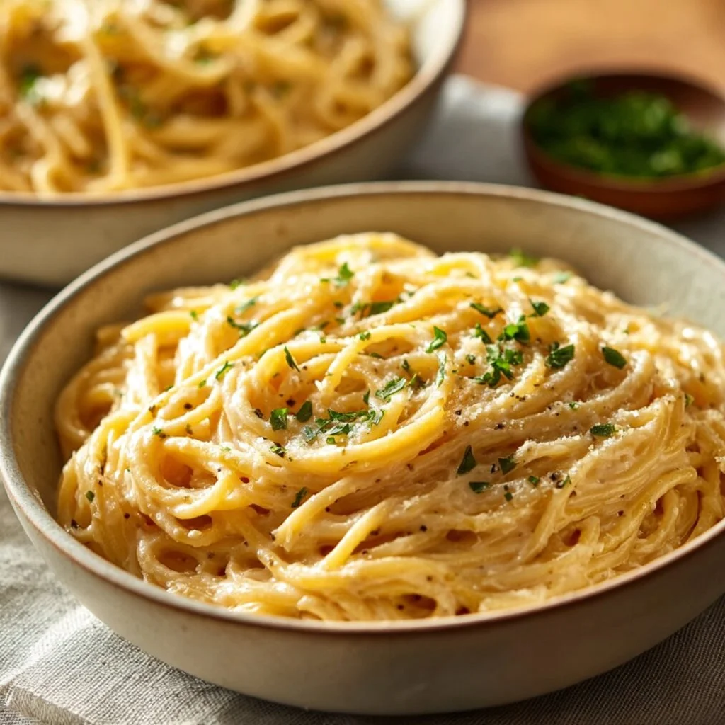 Delicious garlic parmesan spaghetti with creamy sauce served in a bowl