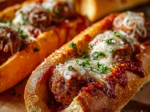 Cheesy meatball subs topped with melted cheese and marinara sauce served in a toasted bun