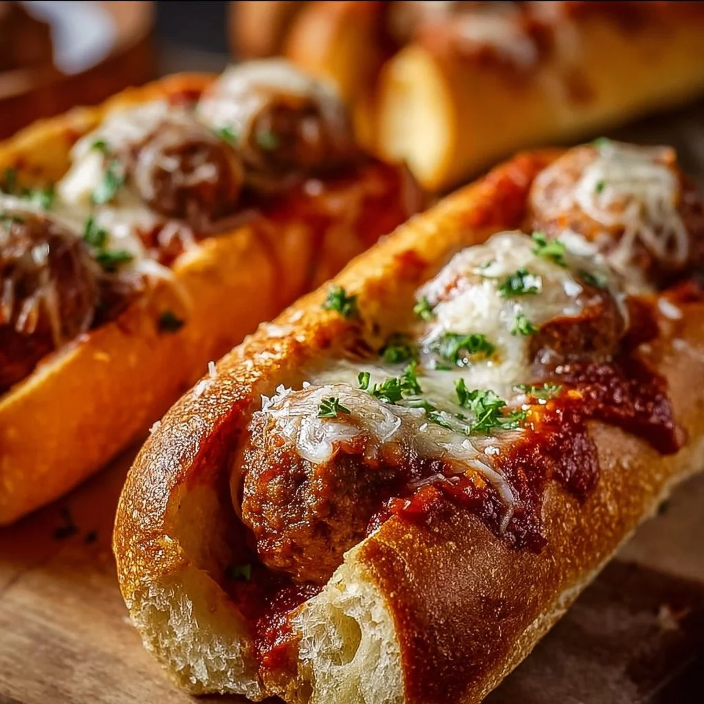 Cheesy meatball subs topped with melted cheese and marinara sauce served in a toasted bun