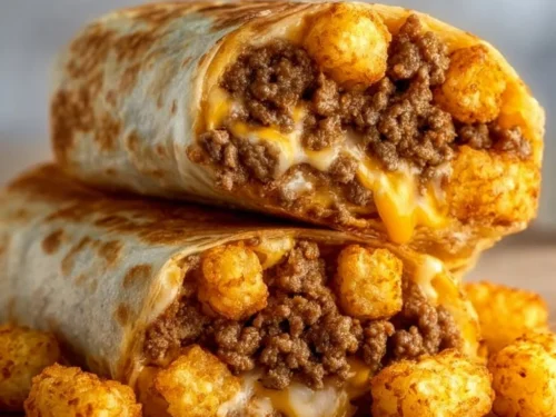 Cheesy potato burritos served on a plate with fresh toppings