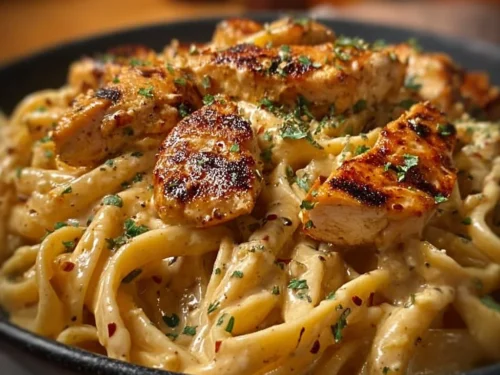 A creamy Cajun chicken pasta dish served in a bowl, garnished with herbs.