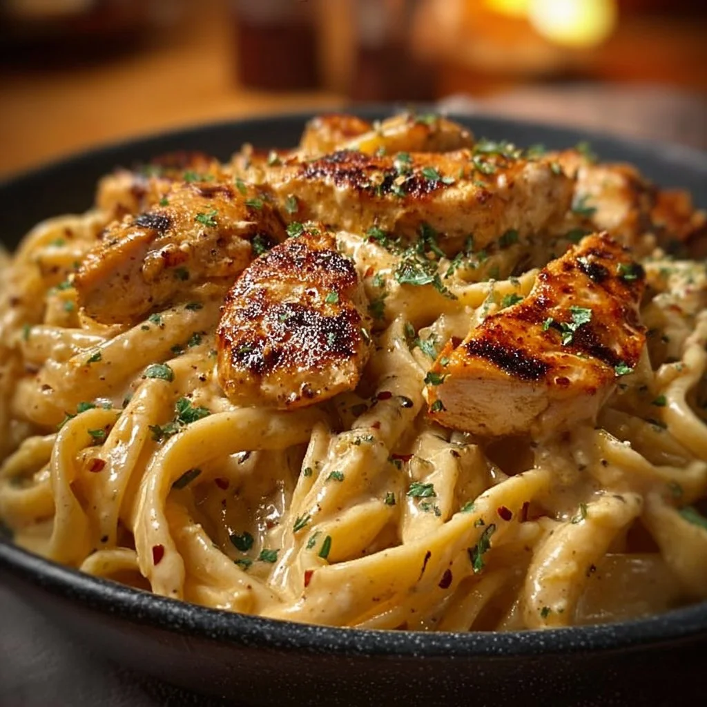 A creamy Cajun chicken pasta dish served in a bowl, garnished with herbs.