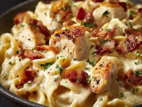 Delicious chicken bacon ranch pasta served in a bowl with fresh herbs