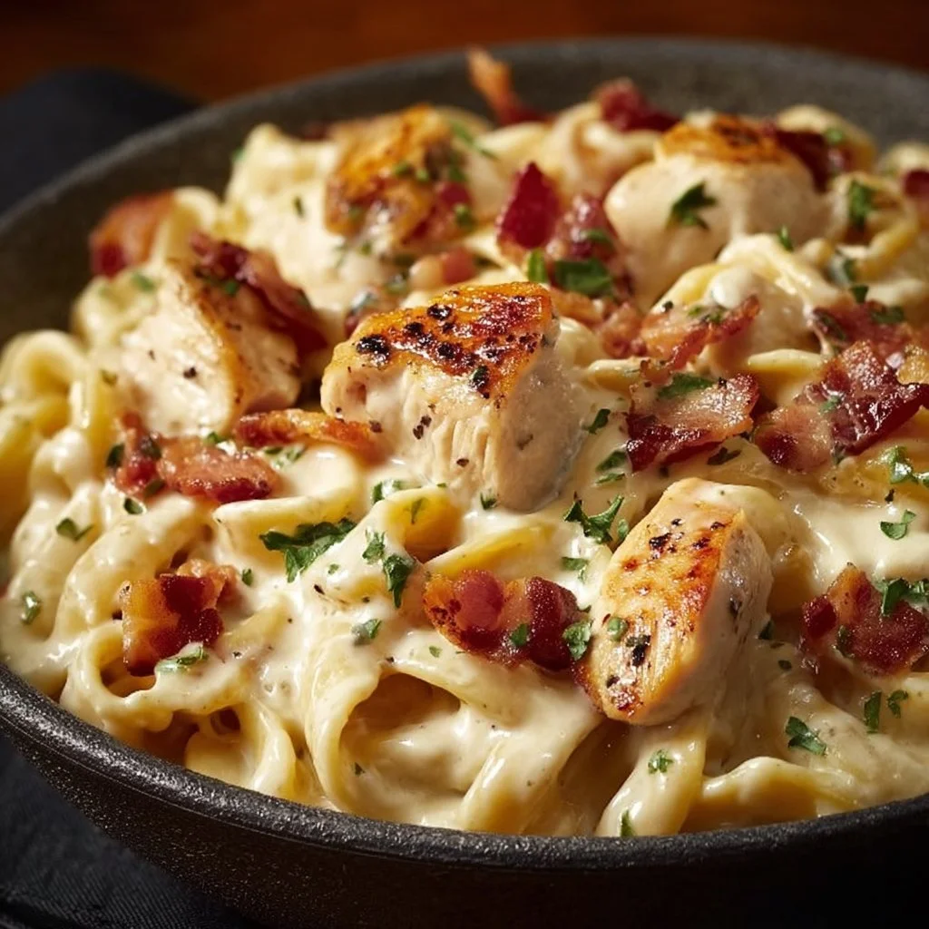 Delicious chicken bacon ranch pasta served in a bowl with fresh herbs