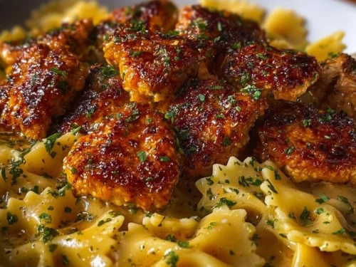 Garlic Butter Chicken served with bowtie pasta in a creamy sauce