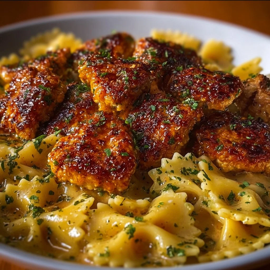 Garlic Butter Chicken served with bowtie pasta in a creamy sauce