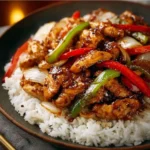 Delicious easy black pepper chicken served with vibrant peppers on a plate.