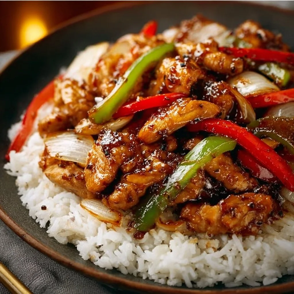 Delicious easy black pepper chicken served with vibrant peppers on a plate.
