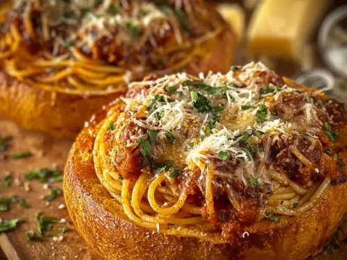 Delicious spaghetti garlic bread bowls served with fresh ingredients