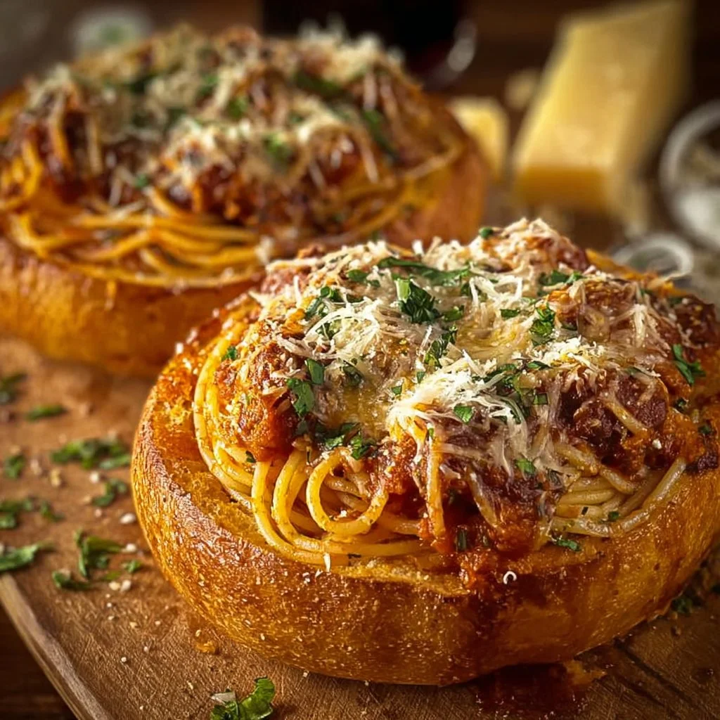 Delicious spaghetti garlic bread bowls served with fresh ingredients