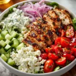 Delicious Greek Chicken Bowls with fresh vegetables and tzatziki sauce.