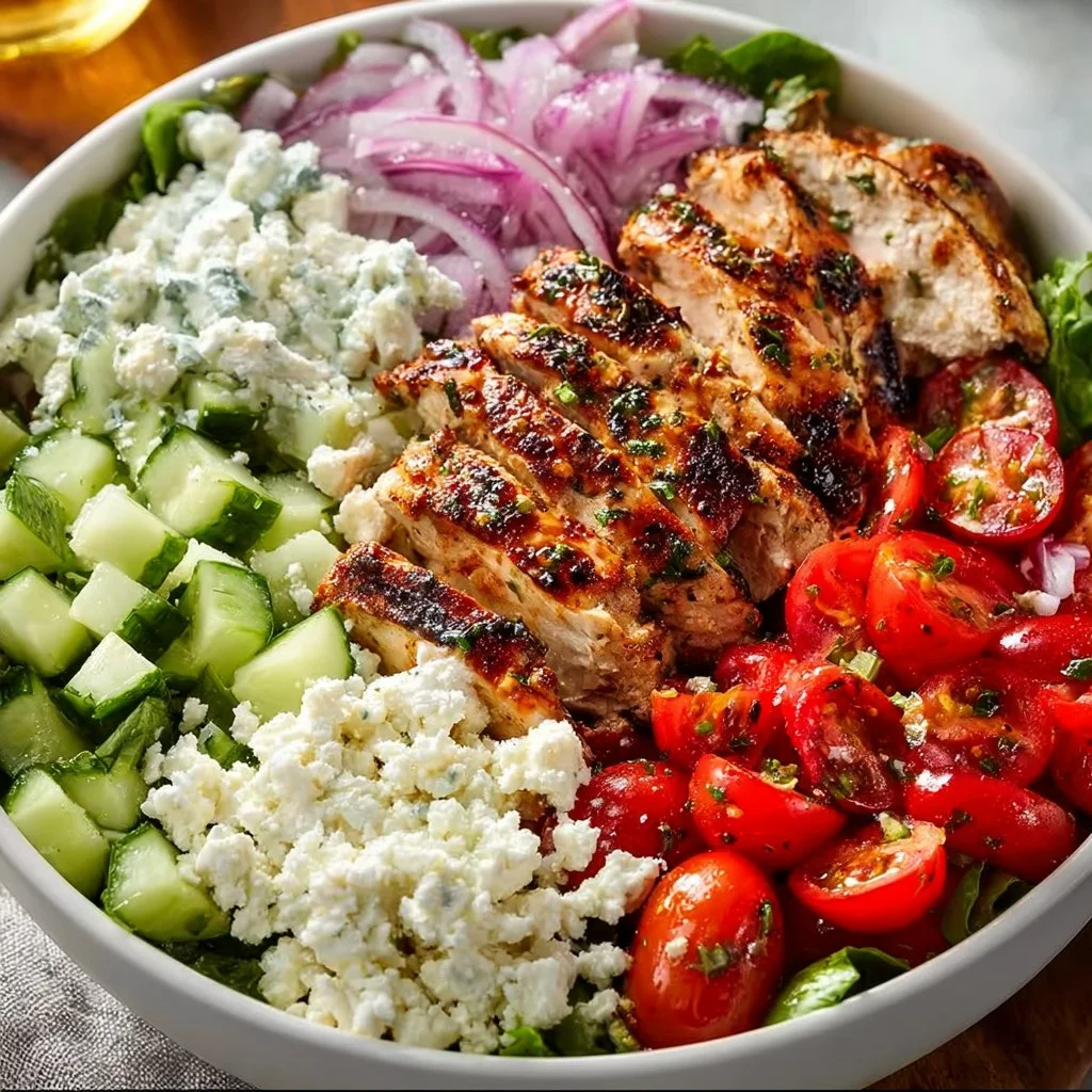 Delicious Greek Chicken Bowls with fresh vegetables and tzatziki sauce.
