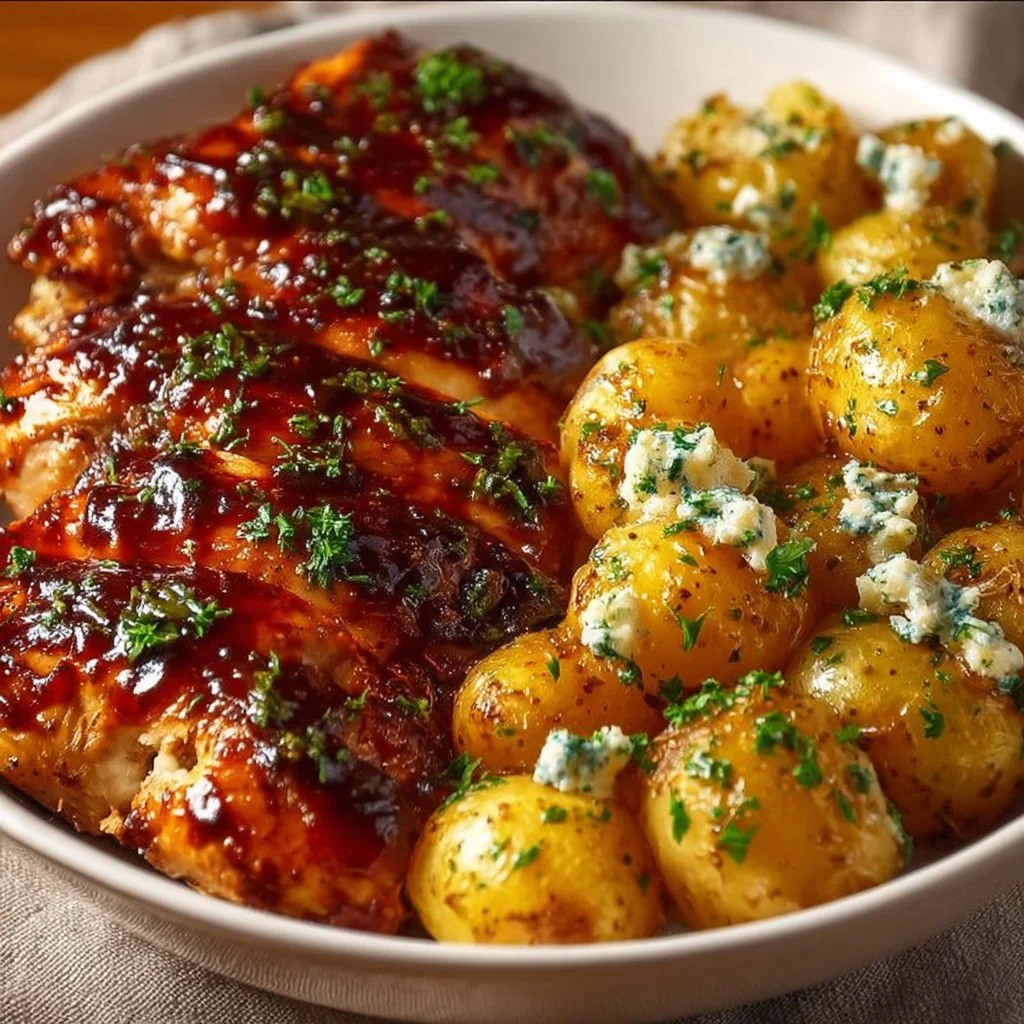 Honey BBQ Chicken served with Garlic Parmesan Potatoes on a dinner plate