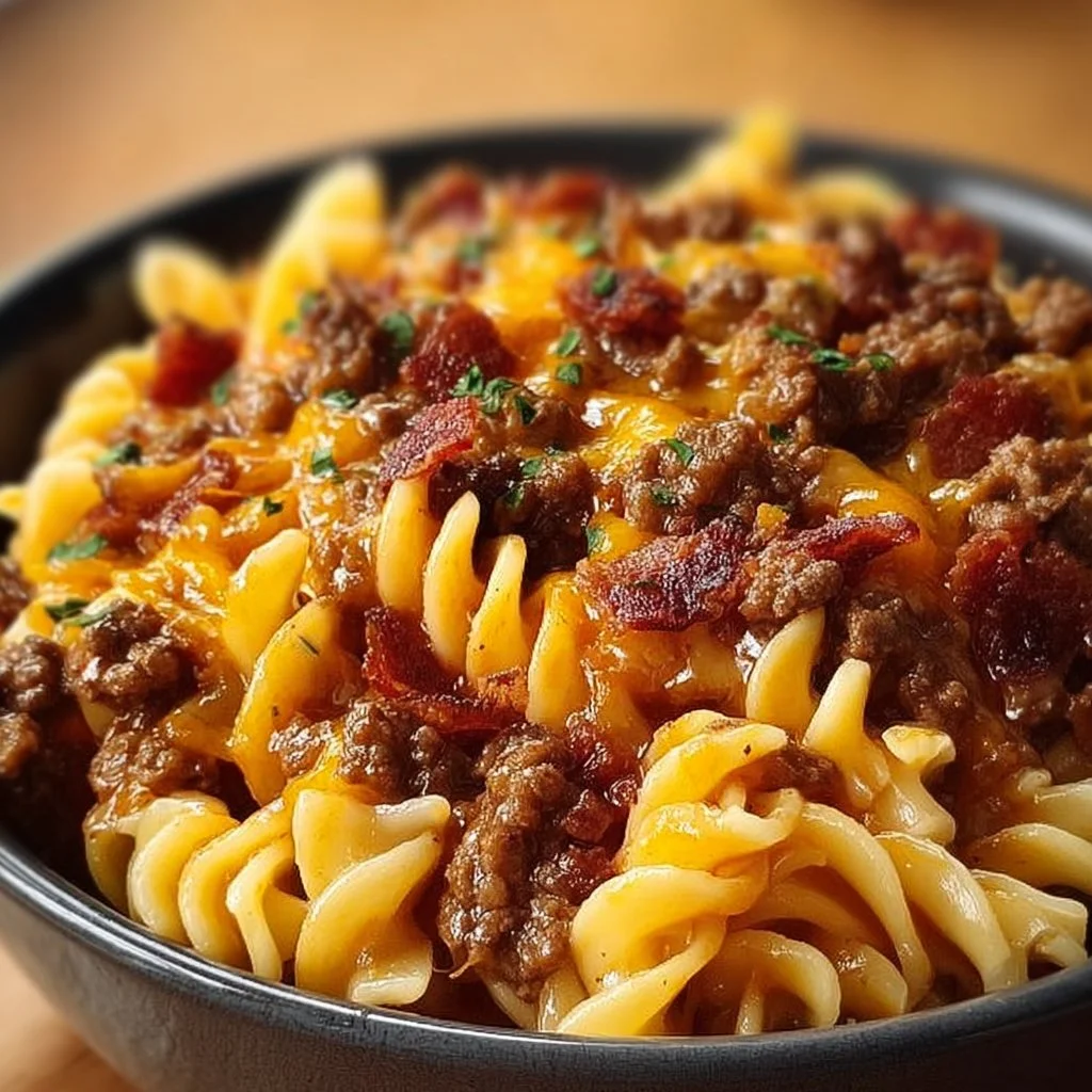 Delicious Loaded Bacon Cheeseburger Pasta topped with cheese and crispy bacon.
