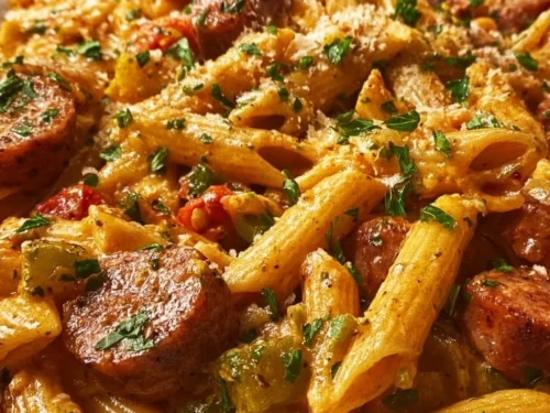 One-Pot Creamy Spicy Cajun Sausage Pasta dish, garnished and ready to serve