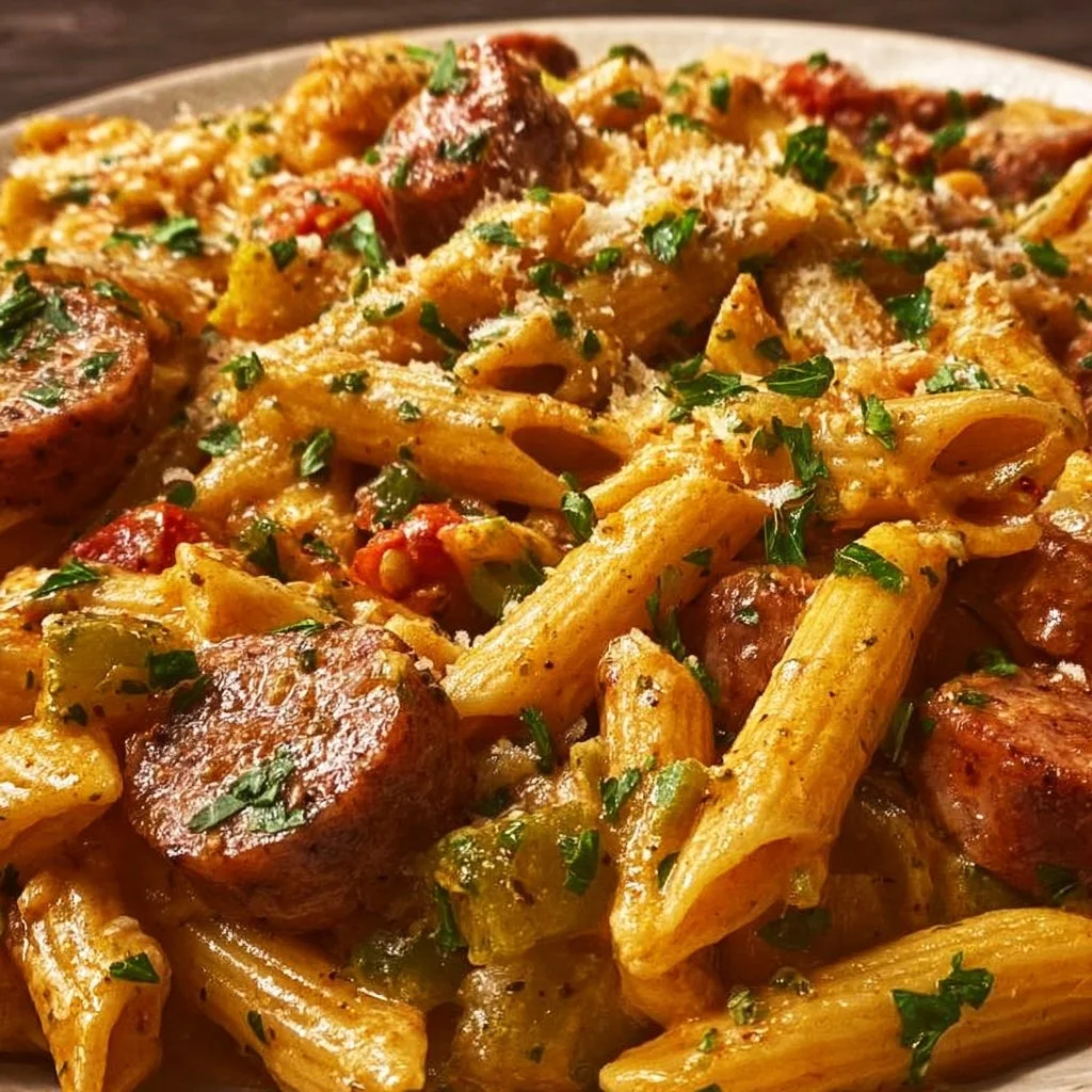 One-Pot Creamy Spicy Cajun Sausage Pasta dish, garnished and ready to serve