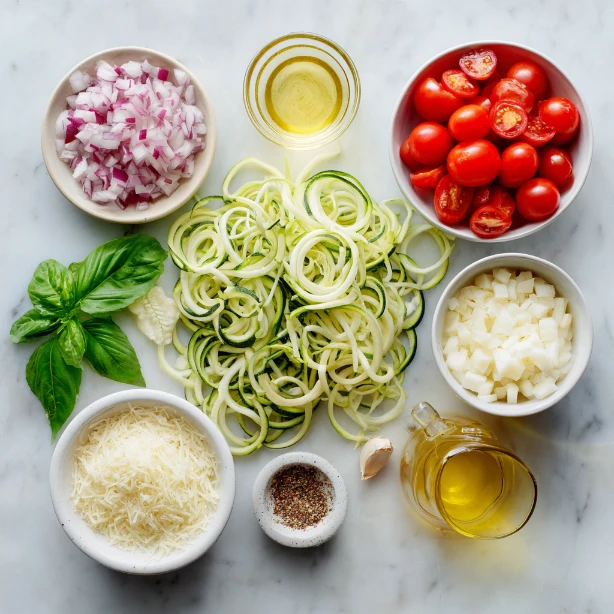 Fresh ingredients for healthy zucchini pasta tuscan laid out on a wooden table